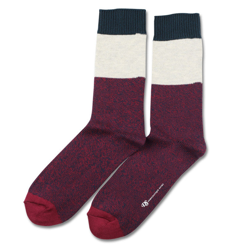 Democratique - Relax Block Knit Socks - Red Wine / Off White Melange / Navy